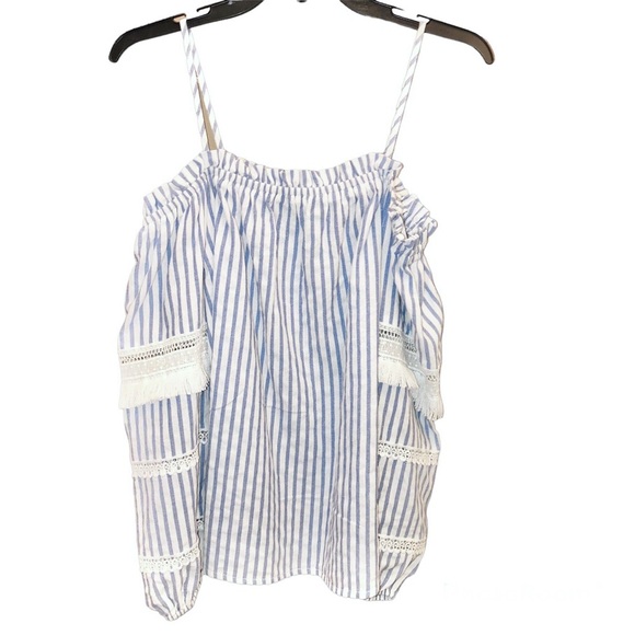 SugarLips Boho Cold Shoulder Tassel Lace Stripe Top Blue White XS - Picture 2 of 6
